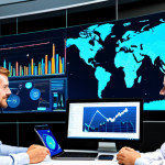 A diverse group of business professionals, fully clothed in professional business attire, collaborating in a dynamic, modern office. Digital interfaces with glowing data streams, holographic projections, laptops, and smartphones are integrated into the environment, symbolizing the evolution of the modern market. The scene emphasizes analytical tools, charts, and diagrams on screens, focusing on data-driven decisions and the rapid pace of change. safe for work, appropriate content, fully clothed, professional, perfect anatomy, correct proportions, natural pose, well-formed hands, proper finger count, natural body proportions, high quality, professional photography, sharp focus, vibrant colors, detailed.