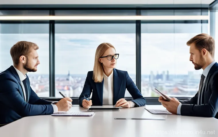 기업경영지도사와 경영 전략 시뮬레이션 - **Prompt: Strategic Consulting Session in a Modern Russian Office.**
    A diverse team of four busi...