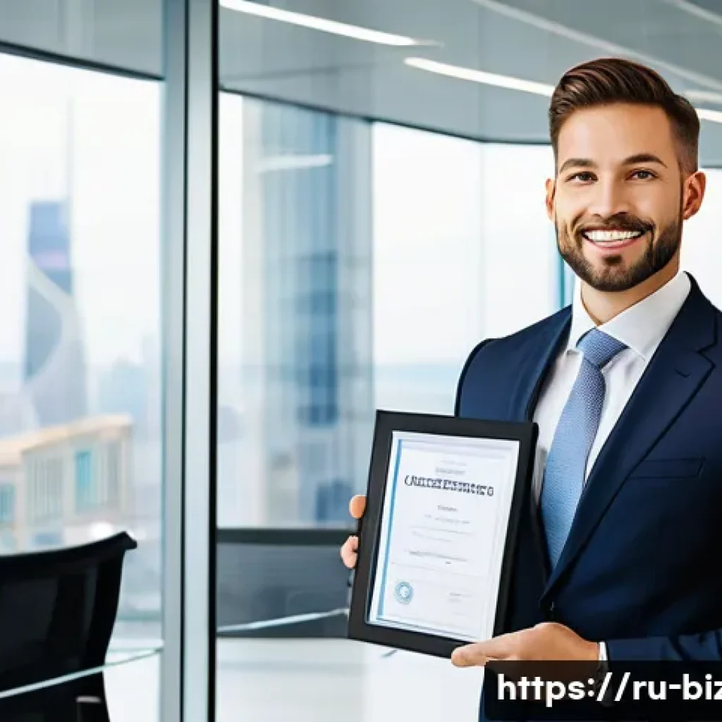 기업경영지도사 자격증의 장단점 - A confident professional corporate consultant in business attire, holding a certificate in a modern ...
