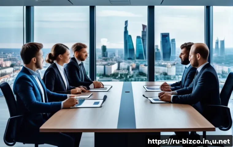 기업경영지도사 관련 산업 트렌드 - A modern corporate boardroom scene with diverse executives using advanced digital tools like AI dash...