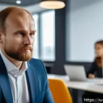 기업경영지도사로 일하며 얻는 자기 개발법 - A confident Russian business leader in a modern office setting, thoughtfully reflecting on emotional...