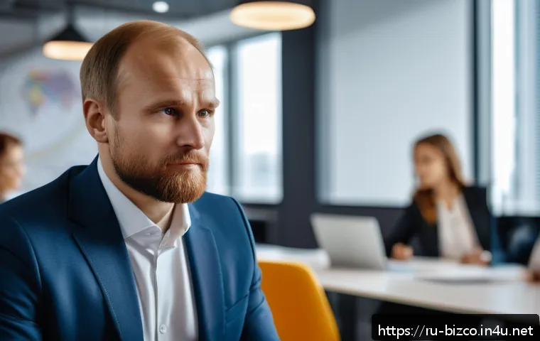 기업경영지도사로 일하며 얻는 자기 개발법 - A confident Russian business leader in a modern office setting, thoughtfully reflecting on emotional...