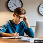 기업경영지도사 시험 전 날 준비 팁 - A focused young Russian student studying at a tidy desk in a quiet, well-lit room, with a large wall...