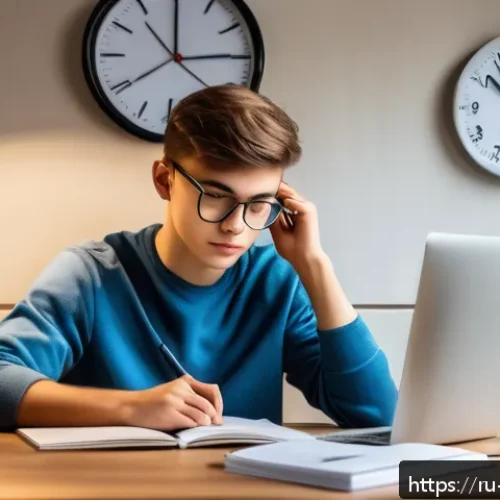 기업경영지도사 시험 전 날 준비 팁 - A focused young Russian student studying at a tidy desk in a quiet, well-lit room, with a large wall...
