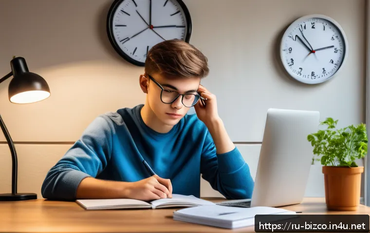 기업경영지도사 시험 전 날 준비 팁 - A focused young Russian student studying at a tidy desk in a quiet, well-lit room, with a large wall...