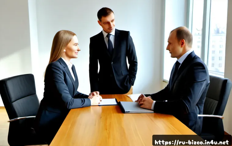 Home 17 기업경영지도사로서 성공적인 협상 사례 - Photorealistic successful business negotiation in a modern Moscow conference room, experienced manag...