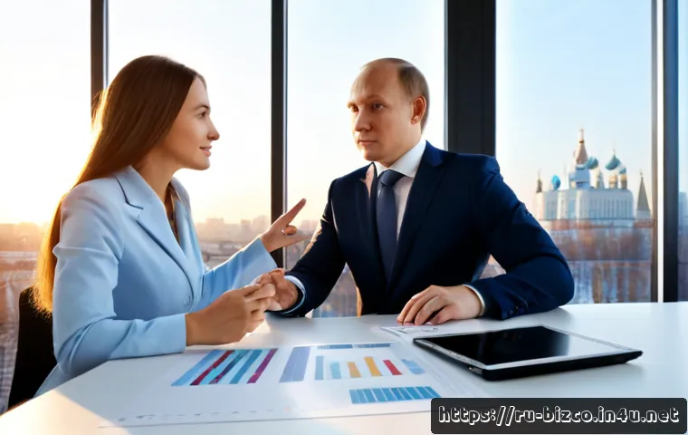 Home 17 기업경영지도사와 비즈니스 모델 혁신 - Photorealistic business strategy consultation in a modern Moscow office, an experienced Russian mana...